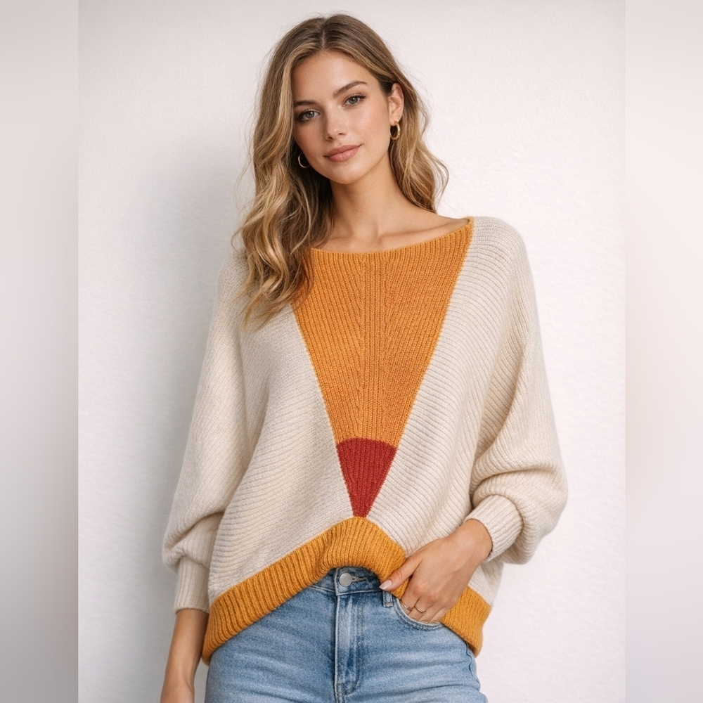 Jil Sander Cream, Orange, and Yellow Colorblock Dolman Sleeve Sweater M/L